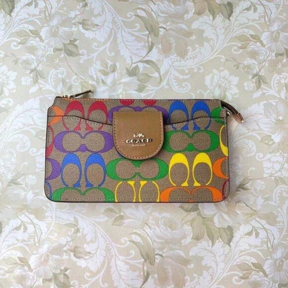 COACH C4697 POPPY CROSSBODY IN RAINBOW SIGNATURE CANVAS IM/LIGHT SADDLE MULTI - Picture 1 of 6